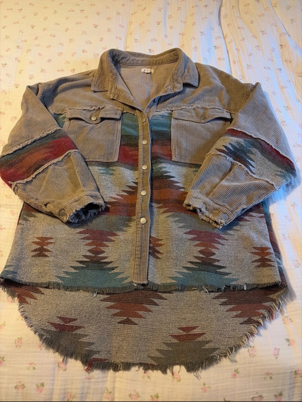 POL Southwestern Aztec Pattern Corduroy Shacket - Taupe with Teal & Rust Accents